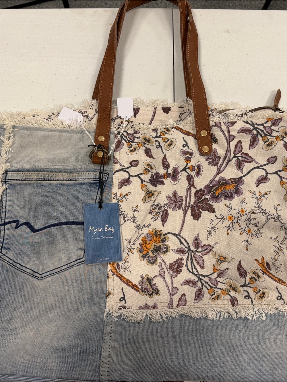 Myra Bag Floral Canvas & Denim Tote with Brown Handles